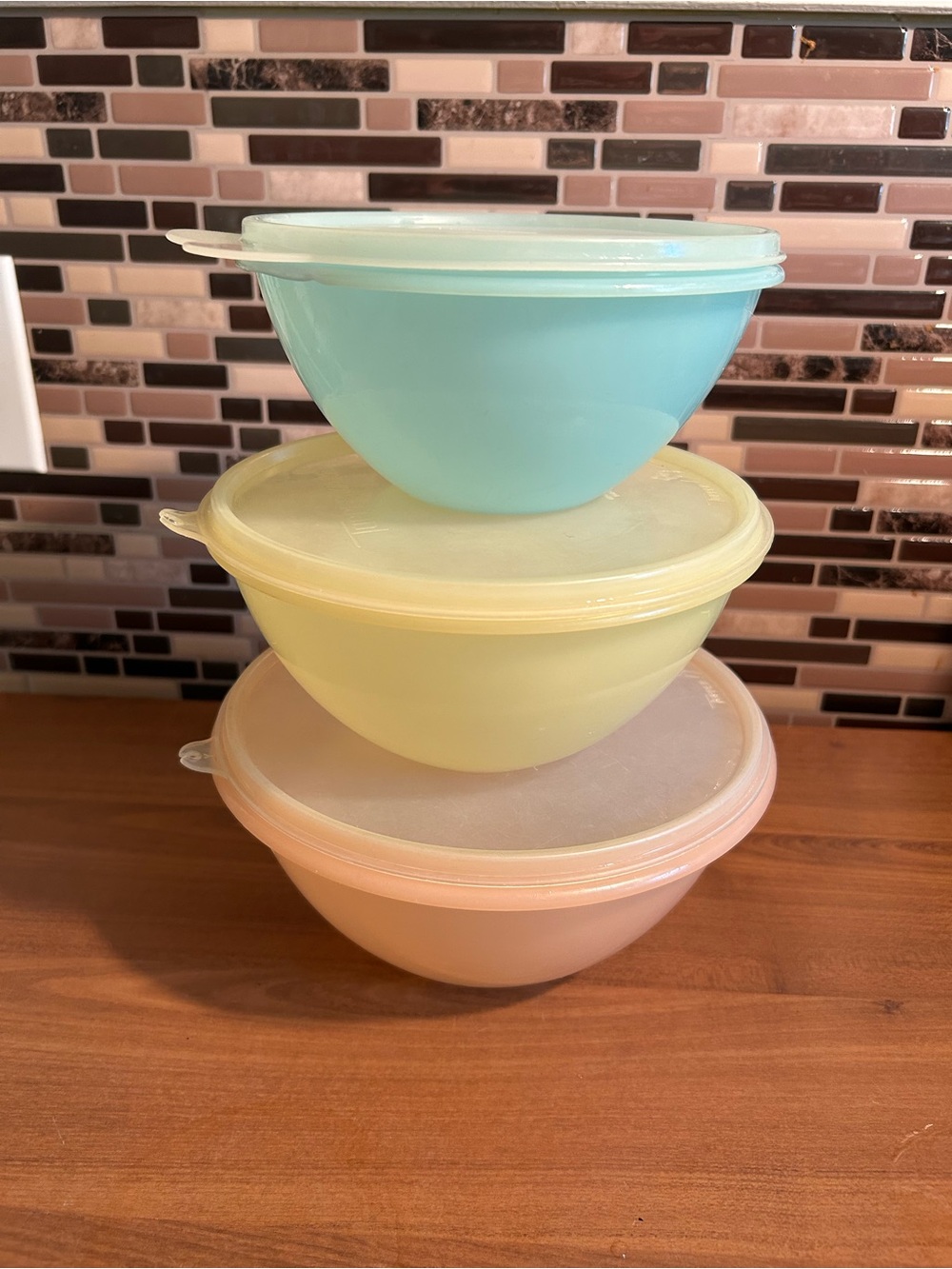 Vintage Tupperware Pastel Nesting Mixing Bowls with Lids - Blue, Yellow, Pink